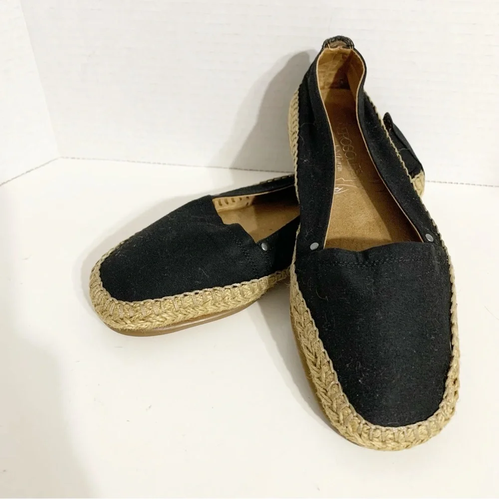 AEROSOLES StitchNTurn Slip-On Canvas Espadrilles Jute Outsole Black / Tan Summer